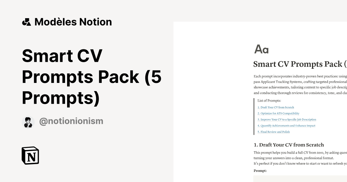 Modèle Smart CV Prompts Pack (5 Prompts) | Marketplace Notion