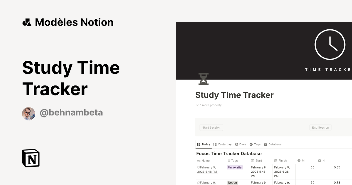 Study Time Tracker | Modèle créé par BEN BETA | Marketplace Notion