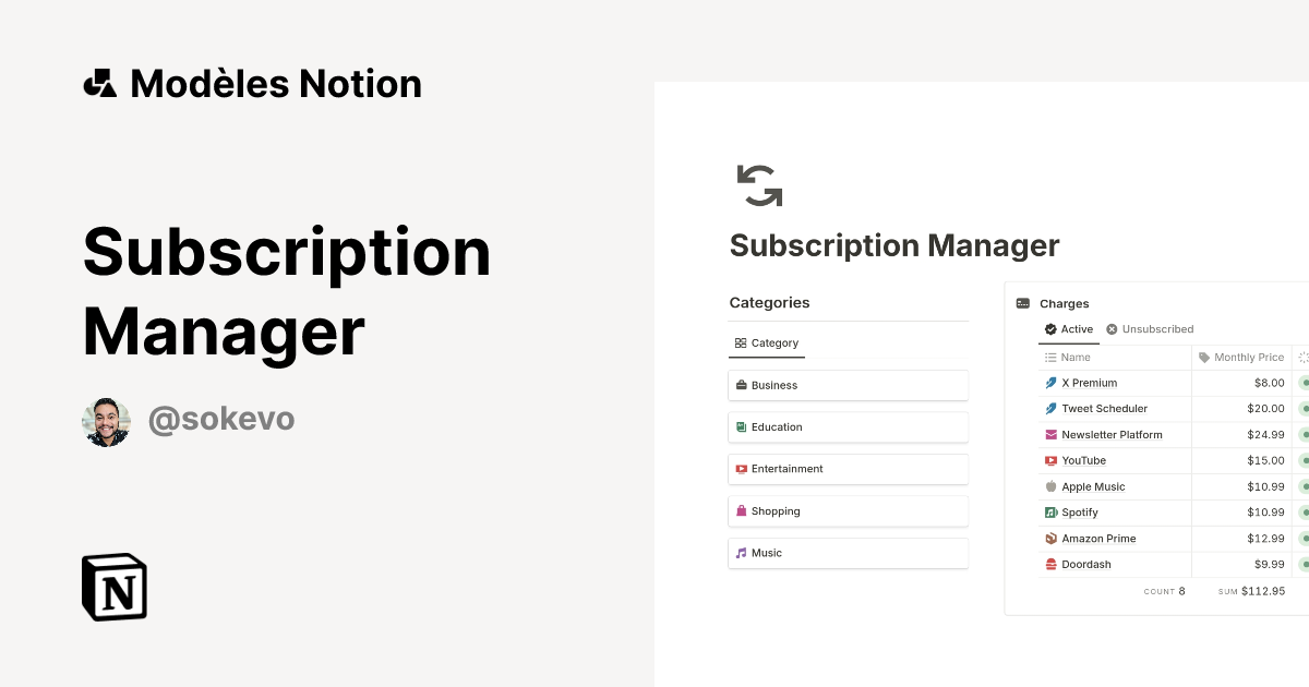 Modèle Subscription Manager | Marketplace Notion