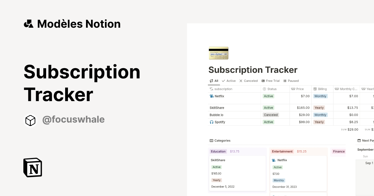 Subscription Tracker | Modèle créé par FocusWhale | Marketplace Notion