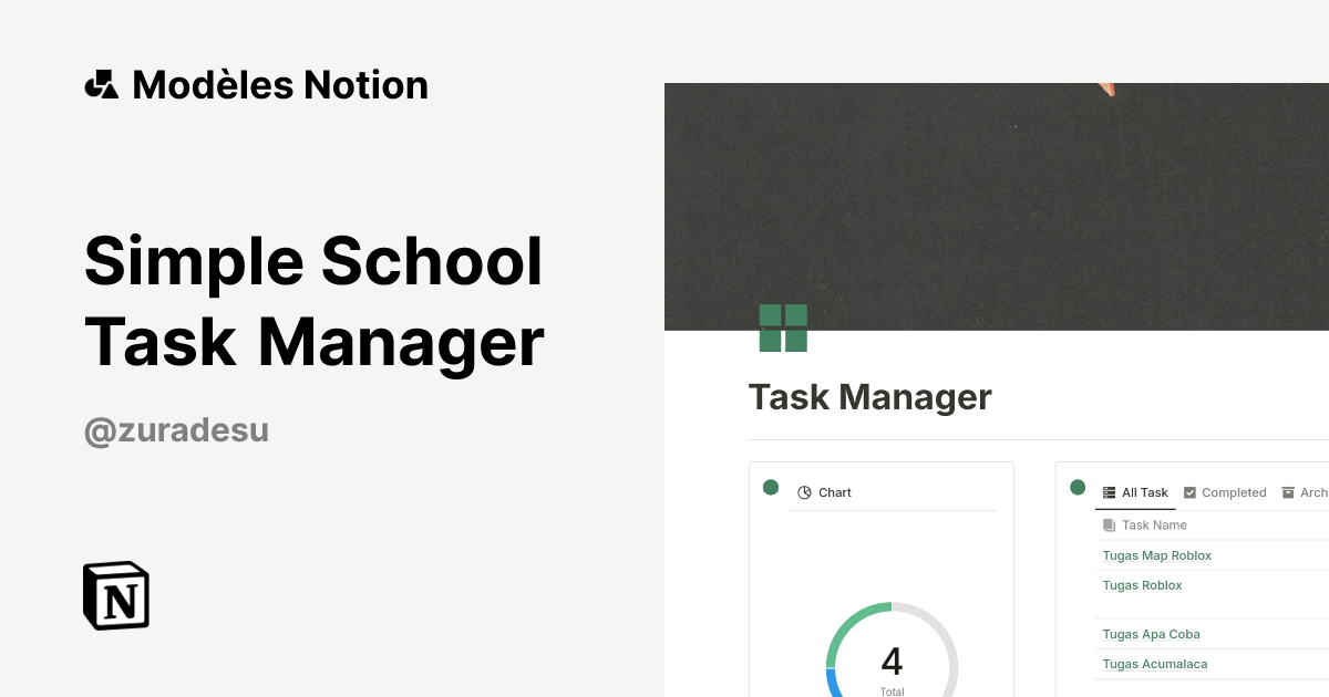 Simple School Task Manager | Modèle créé par Zura | Marketplace Notion