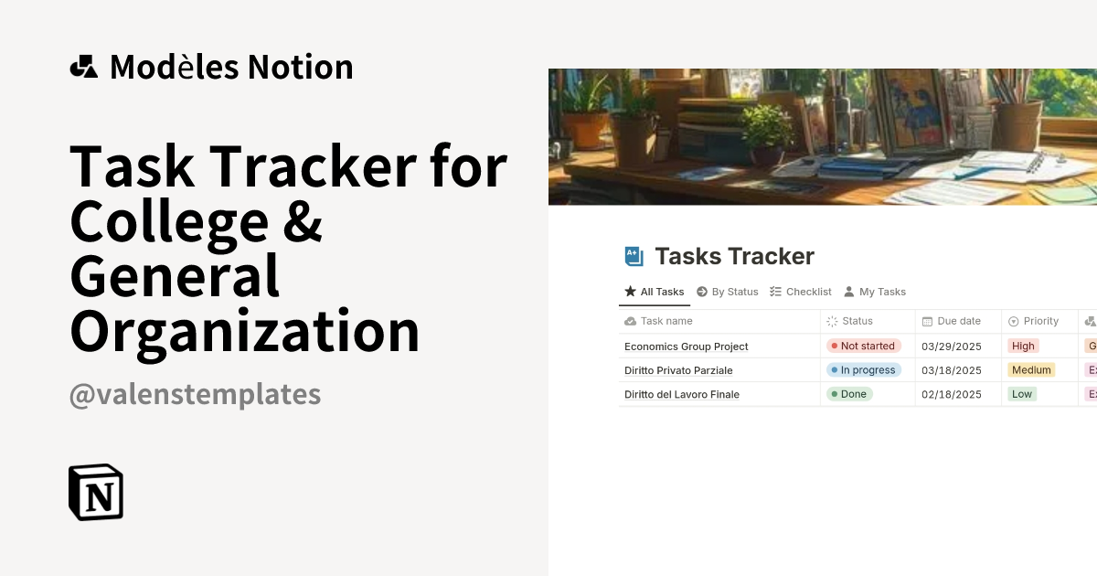 Modèle Task Tracker for College & General Organization | Marketplace Notion
