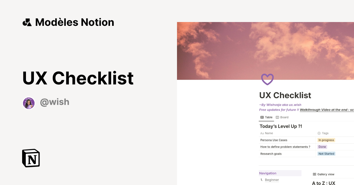 UX Checklist | Modèle créé par Wishvaja | Marketplace Notion
