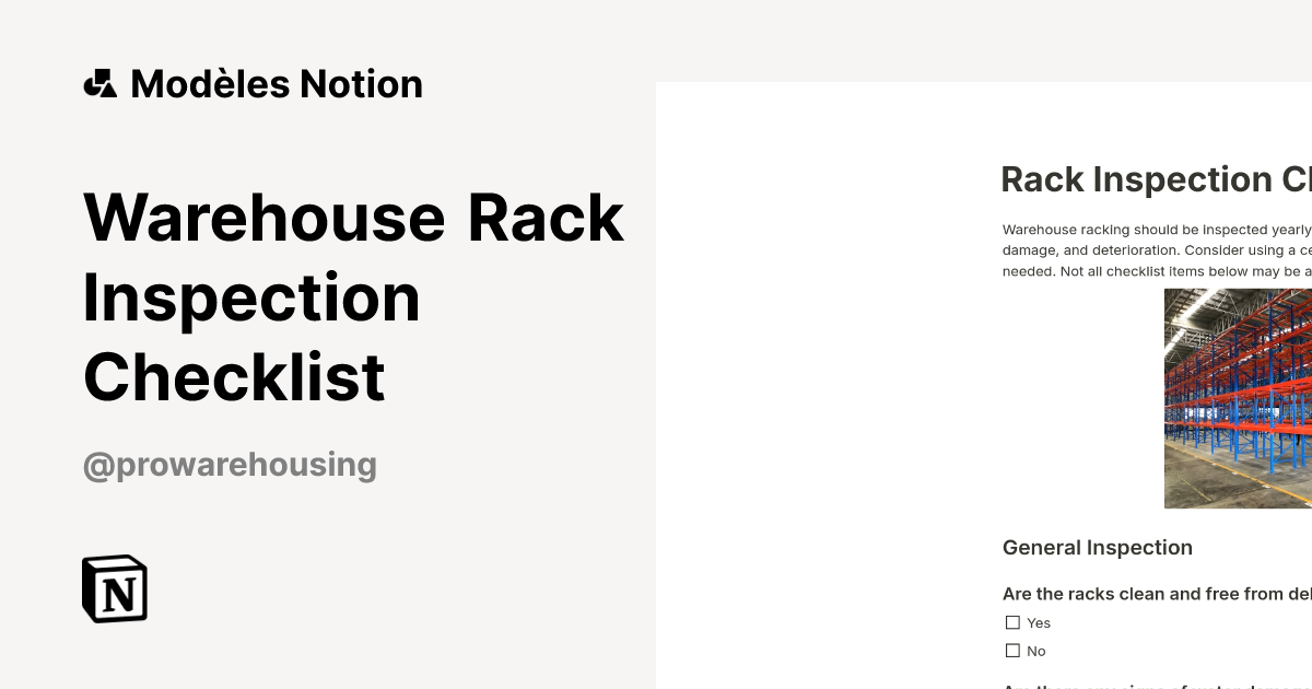 Modèle Warehouse Rack Inspection Checklist | Marketplace Notion