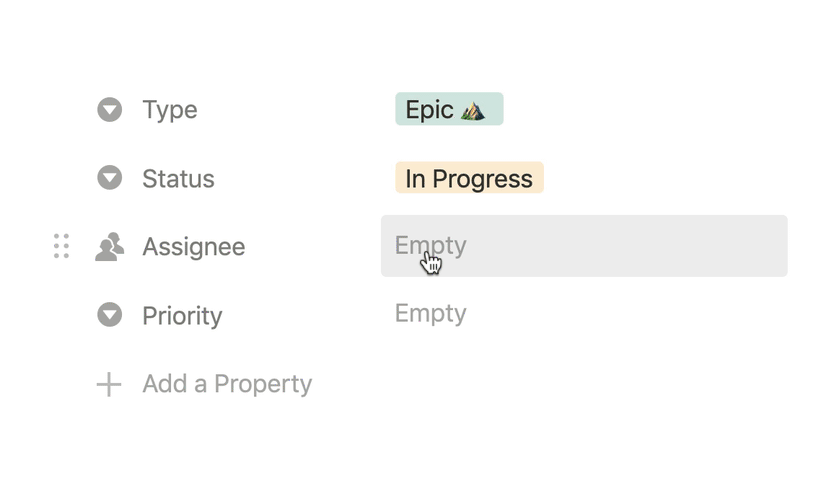 Animação mostra um rótulo de prioridade mudando de status, sendo arrastado e solto enquanto um responsável é marcado em uma visualização de propriedade da base de dados do Notion