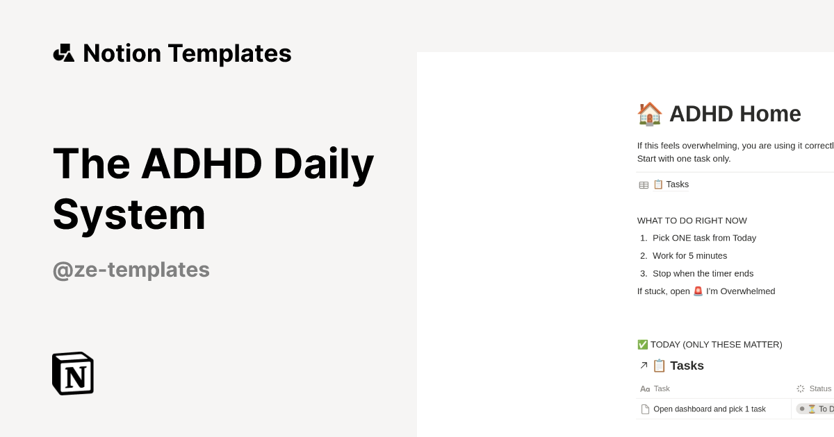 תבנית The ADHD Daily System מאת ZE. Templates | Marketplace של Notion