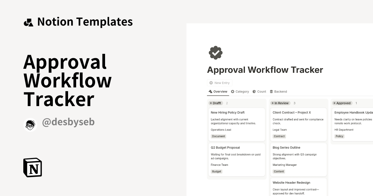 תבנית Approval Workflow Tracker מאת desbyseb | Marketplace של Notion