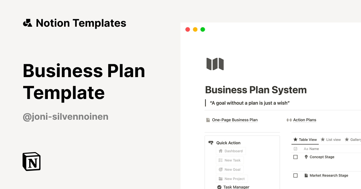 תבנית Business Plan Template | Marketplace של Notion