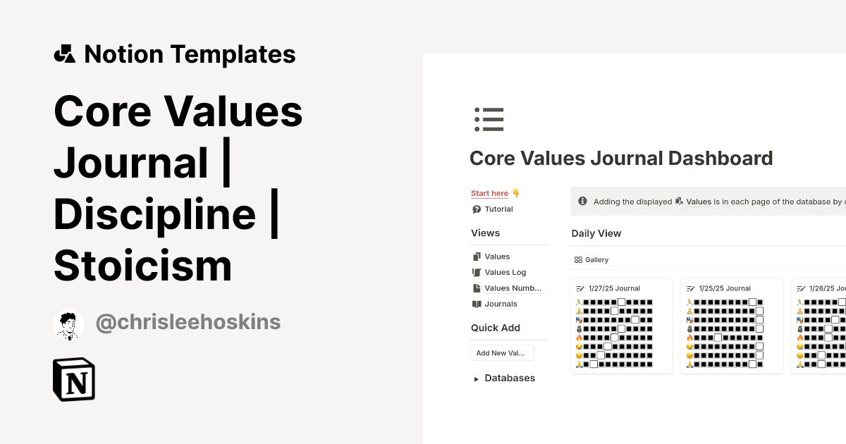 תבנית Core Values Journal Discipline Stoicism Marketplace של Notion