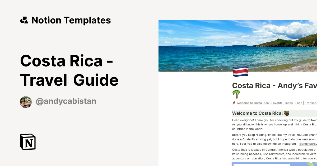 תבנית Costa Rica - Travel Guide מאת Andy Cabistan | Marketplace של Notion