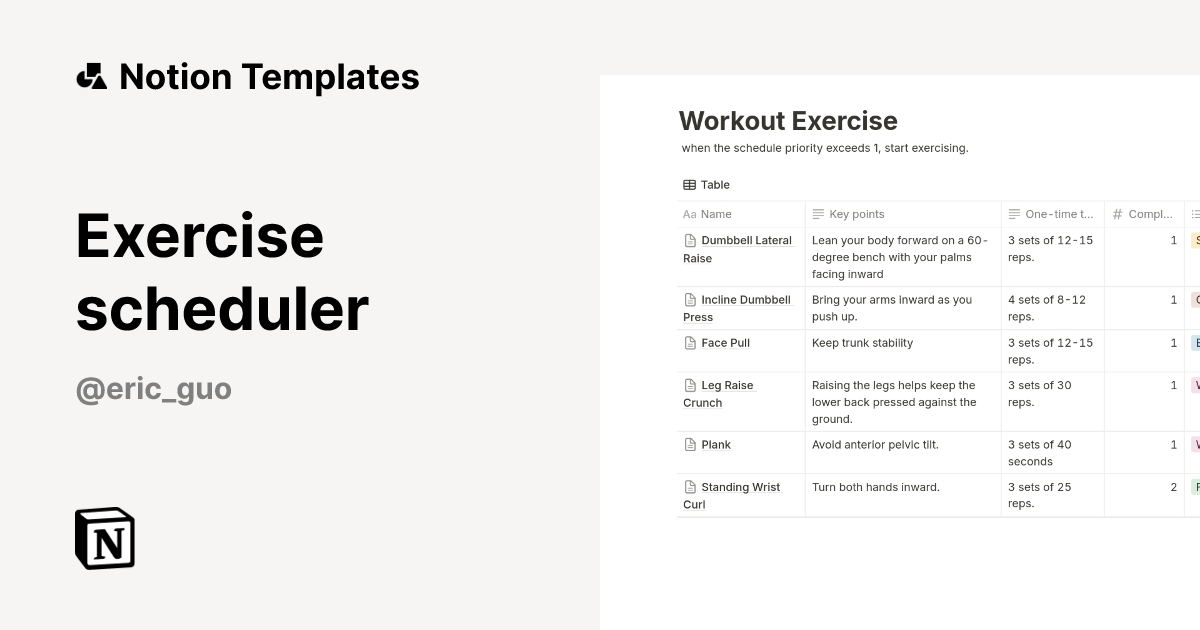 תבנית Exercise scheduler מאת Eric | Marketplace של Notion