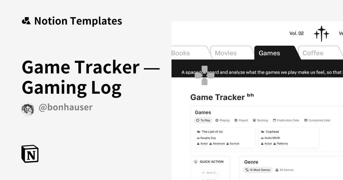 תבנית Game Tracker — Gaming Log מאת Bon Hauser | Marketplace של Notion
