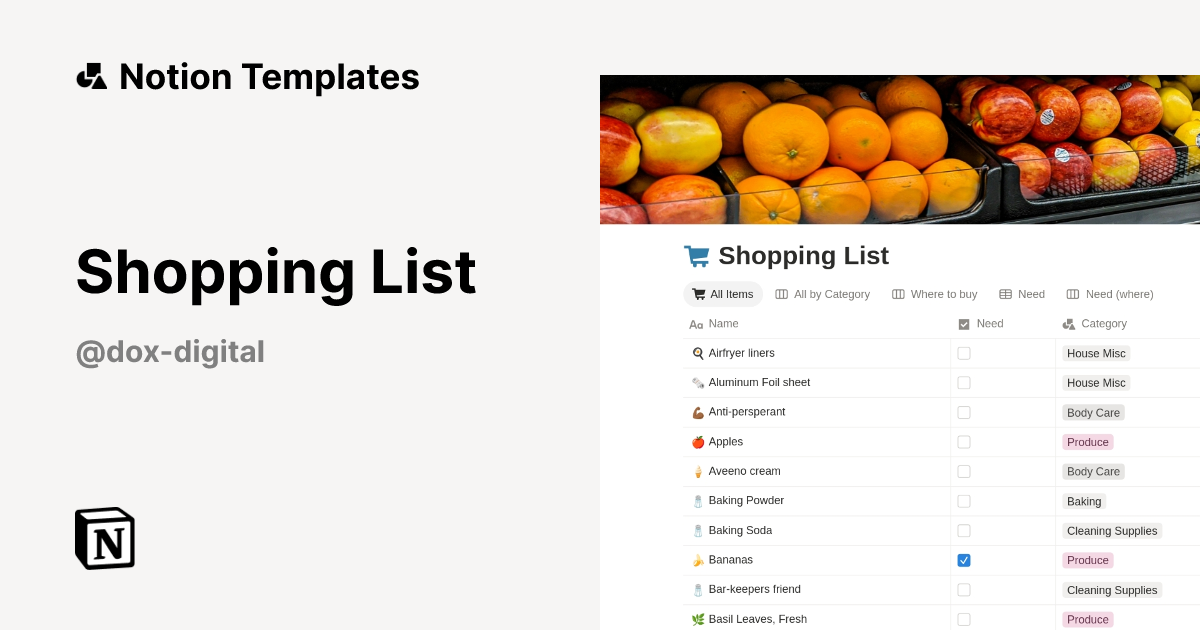 תבנית Shopping List | Marketplace של Notion