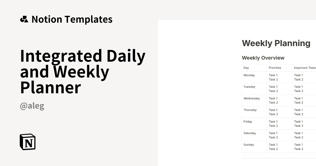 תבנית Integrated Daily and Weekly Planner | Marketplace של Notion