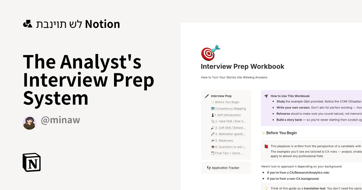 תבנית The Analyst's Interview Prep System מאת MinaW | Marketplace של Notion