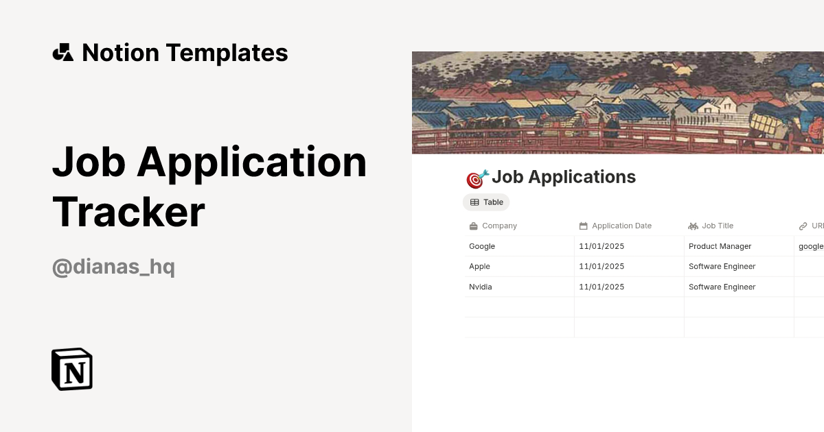 תבנית Job Application Tracker מאת Diana's HQ | Marketplace של Notion