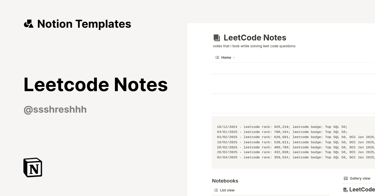 תבנית Leetcode Notes | Marketplace של Notion