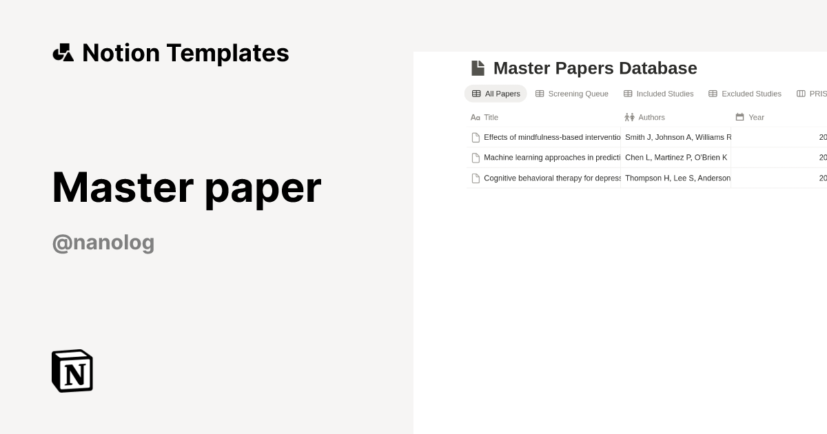 תבנית Master paper | Marketplace של Notion