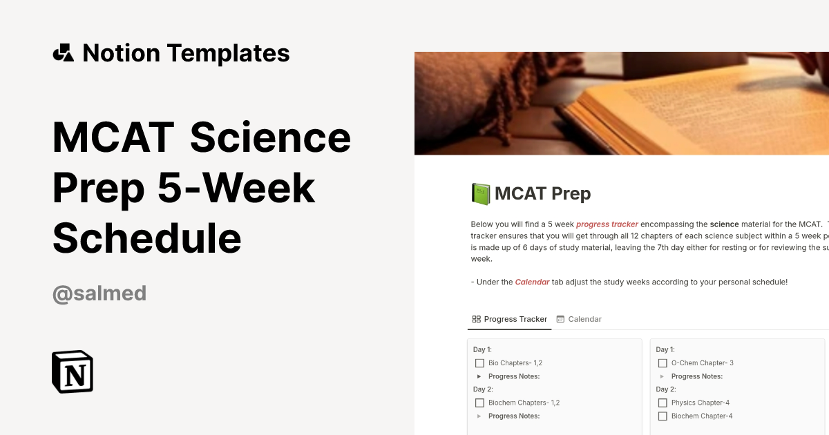 תבנית MCAT Science Prep 5-Week Schedule מאת Sal | Marketplace של Notion