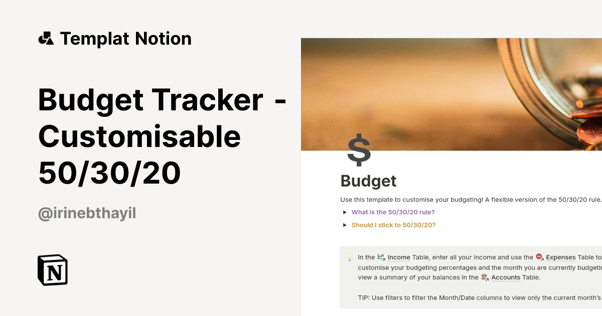 Templat Budget Tracker - Customisable 50/30/20 | Notion Marketplace
