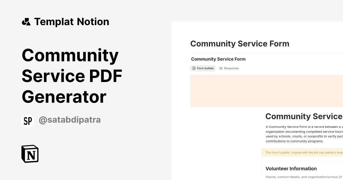 Community Service PDF Generator Templat oleh Satabdi Patra | Notion ...