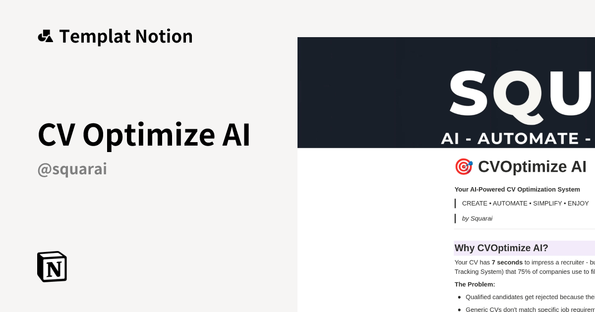 CV Optimize AI Templat oleh Squarai | Notion Marketplace