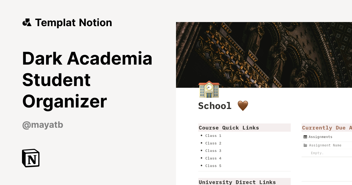 Dark Academia Student Organizer Templat oleh Maya | Notion Marketplace