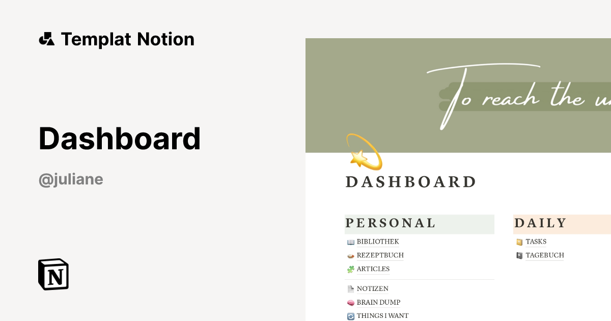 Dashboard Templat oleh Juliane | Notion Marketplace