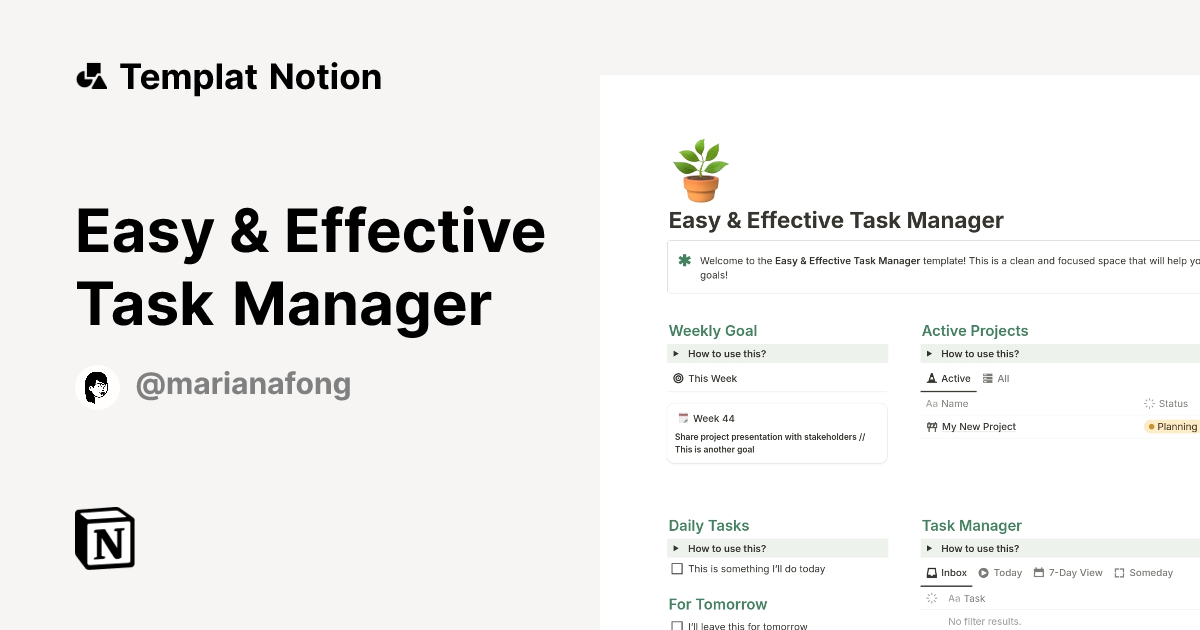 Easy & Effective Task Manager Templat oleh Mariana Fong | Notion ...