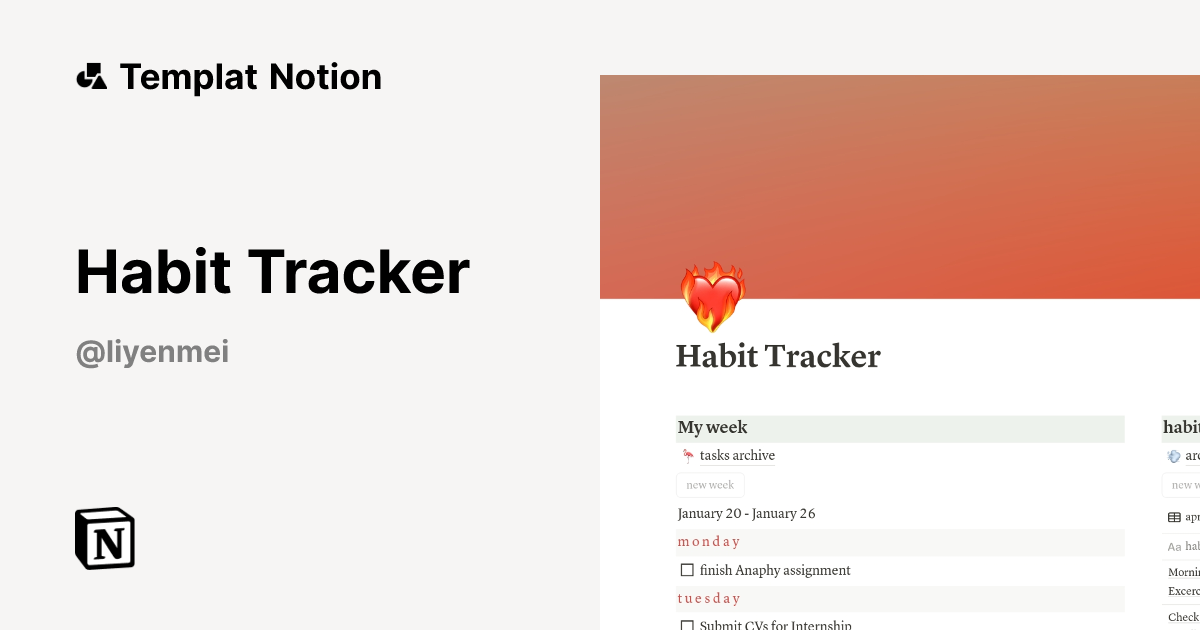 Habit Tracker Templat oleh Liyen Mei | Notion Marketplace