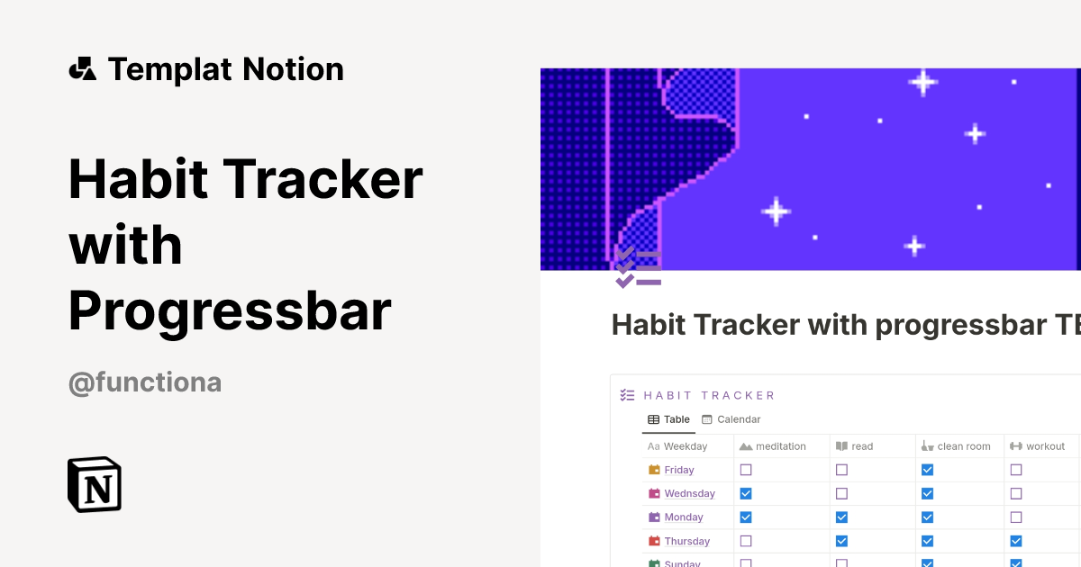 Habit Tracker with Progressbar Templat oleh Functiona | Notion Marketplace