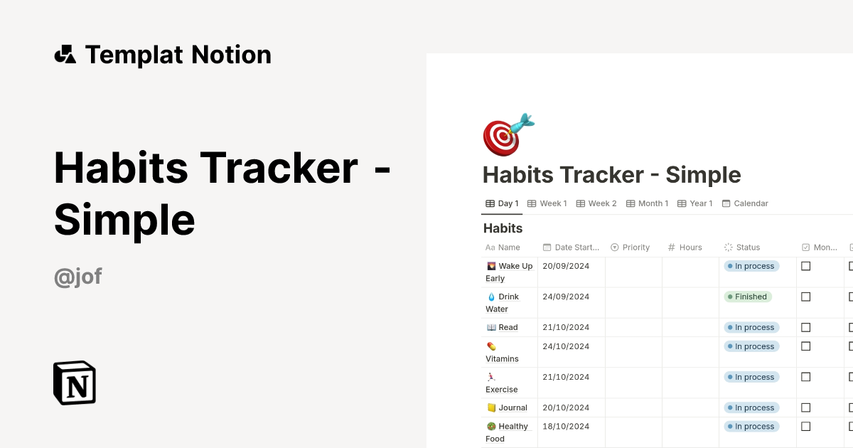 Habits Tracker - Simple Templat oleh J.J.O.F. | Notion Marketplace