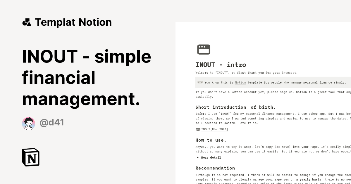 INOUT - simple financial management. Templat oleh d41 | Notion Marketplace