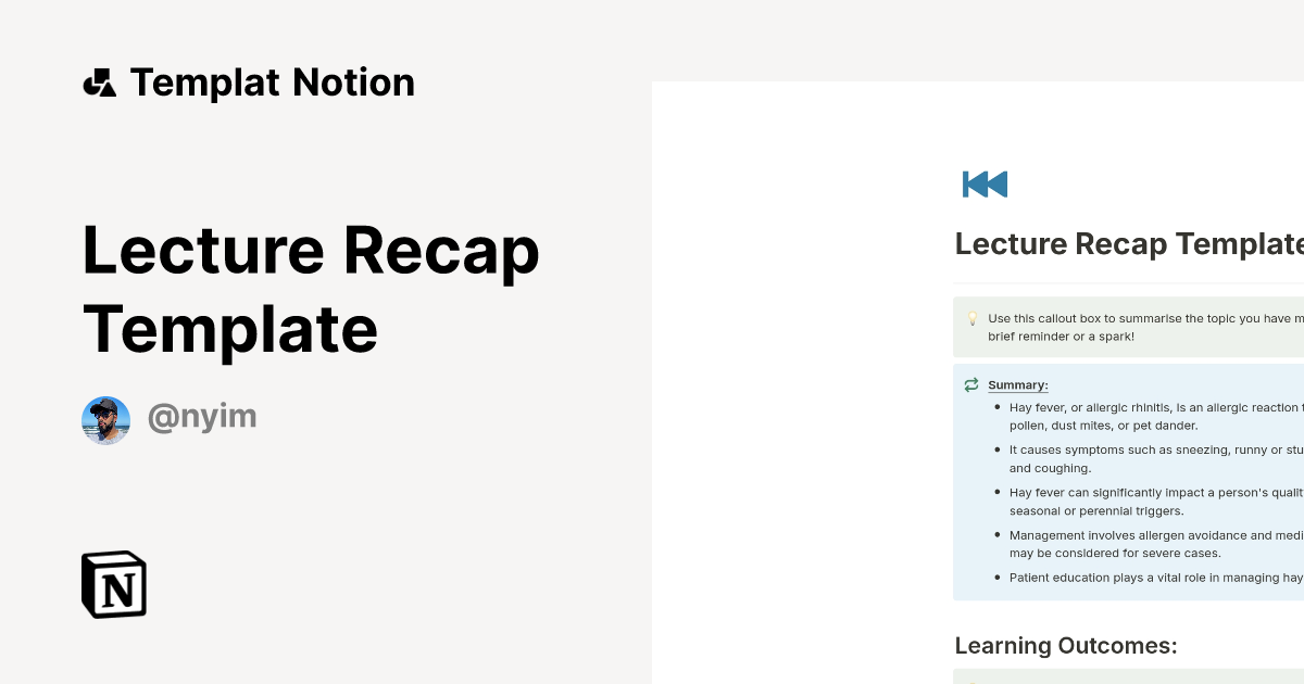 Lecture Recap Template Templat oleh Nyim | Notion Marketplace