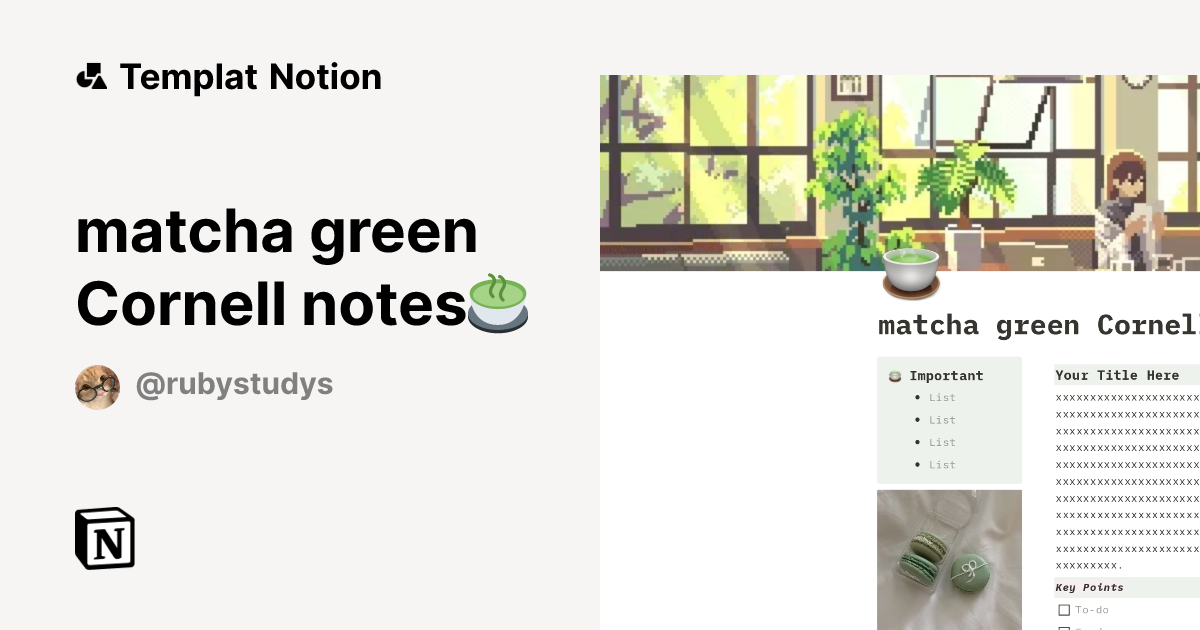 matcha green Cornell notes🍵 Templat oleh rubystudys | Notion Marketplace