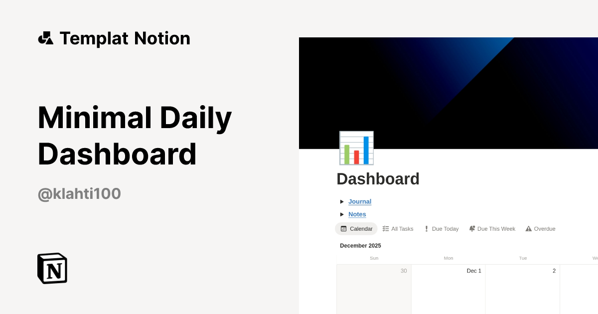 Minimal Daily Dashboard Templat oleh Kadin | Notion Marketplace