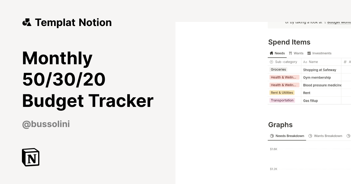 Templat Monthly 50/30/20 Budget Tracker | Notion Marketplace