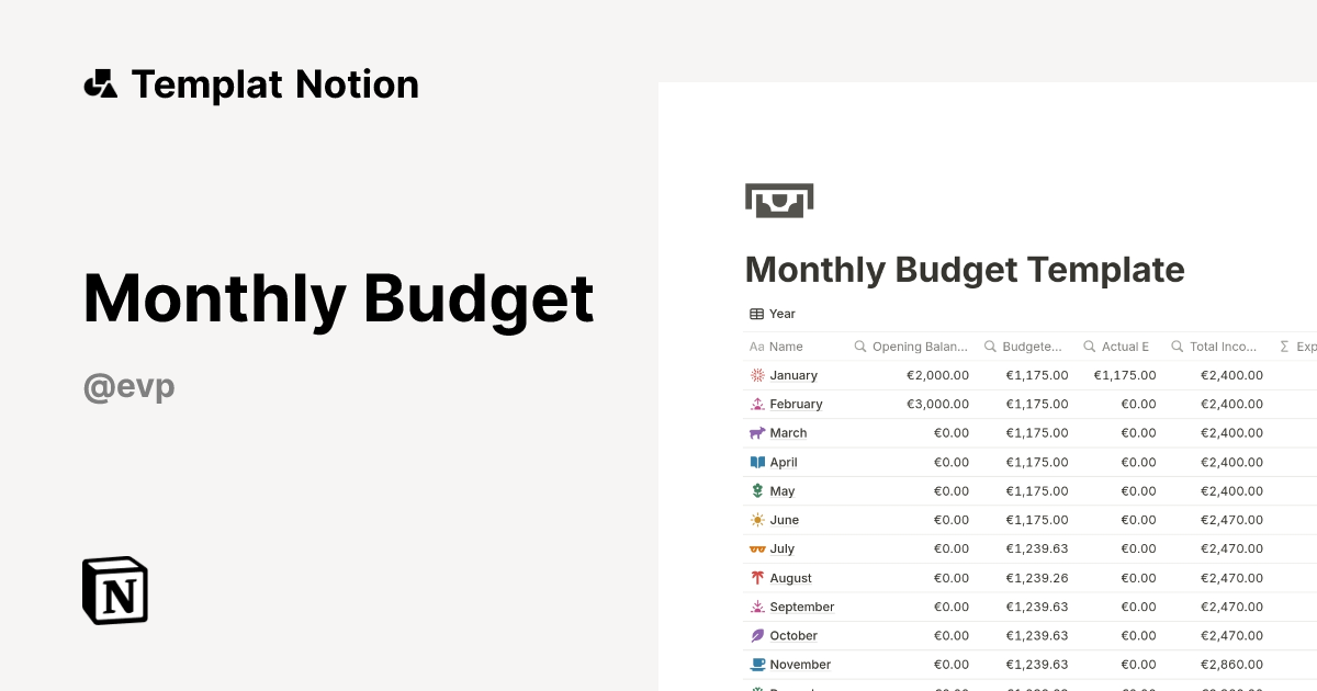Monthly Budget Templat oleh EVP | Notion Marketplace