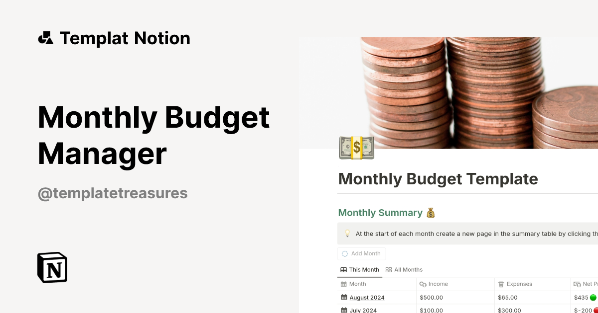 Monthly Budget Manager Templat oleh Template Treasures | Notion Marketplace