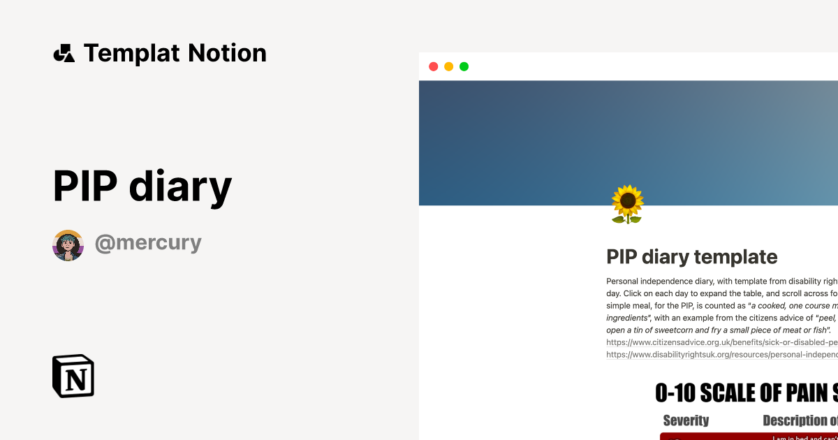 PIP diary Templat oleh Mercury | Notion Marketplace