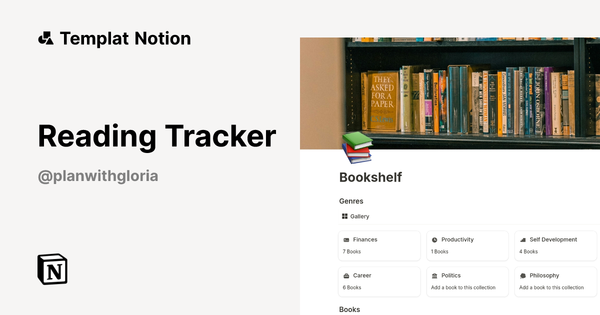 Reading Tracker Templat oleh Plan with Gloria | Notion Marketplace
