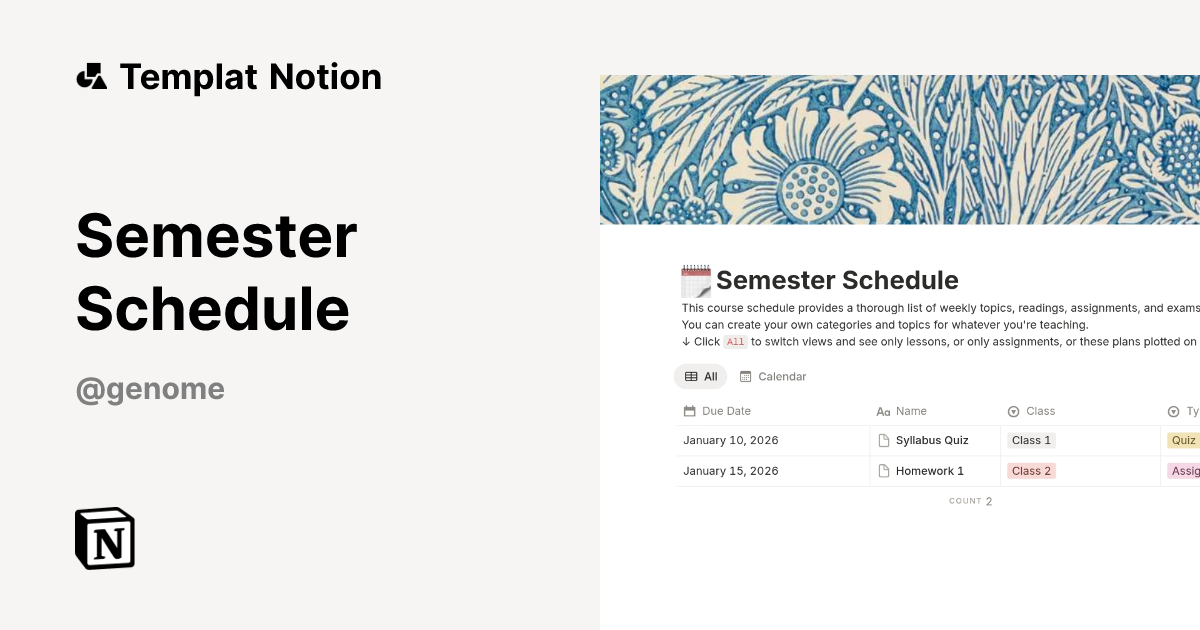 Semester Schedule Templat oleh Genome Organizes | Notion Marketplace