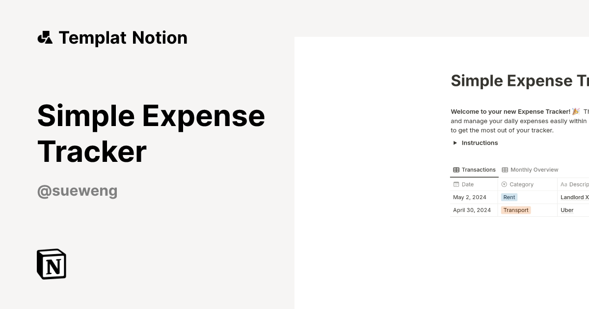 Simple Expense Tracker Templat oleh Sue | Notion Marketplace