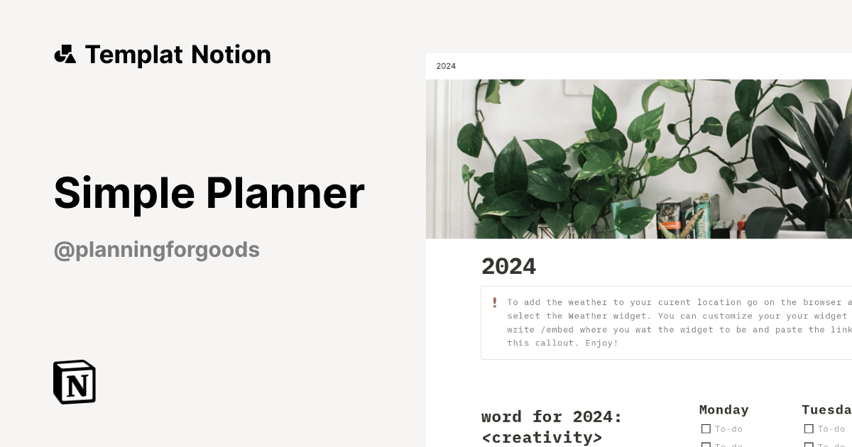 Simple Planner Templat oleh PlanningforGoods | Notion Marketplace