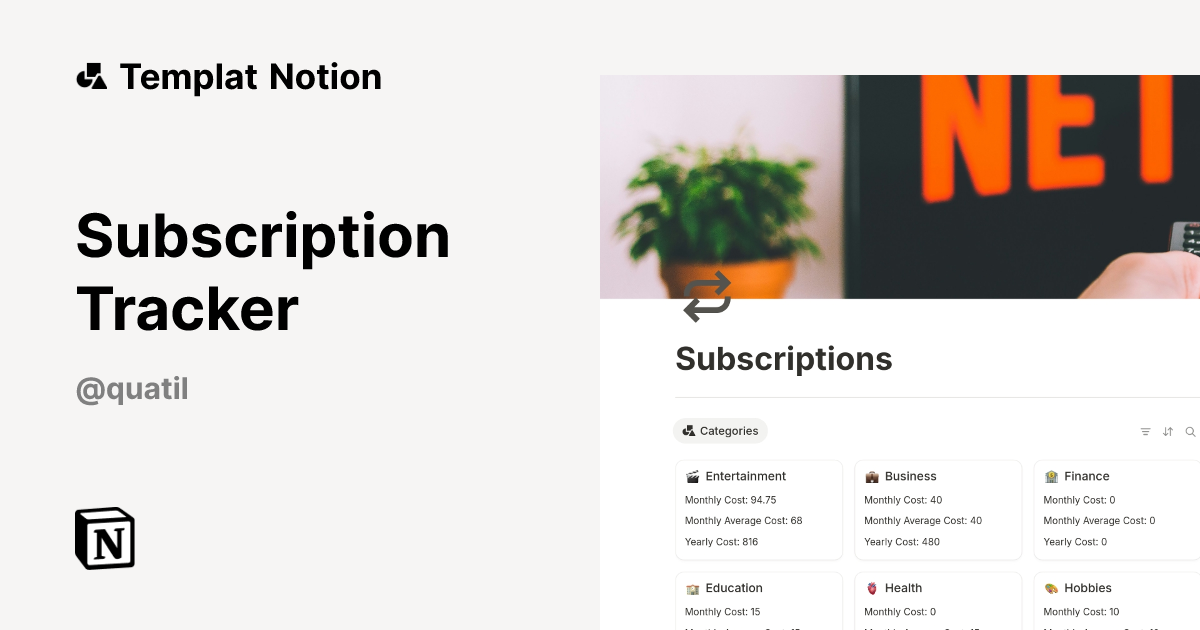 Subscription Tracker Templat oleh Quatil | Notion Marketplace
