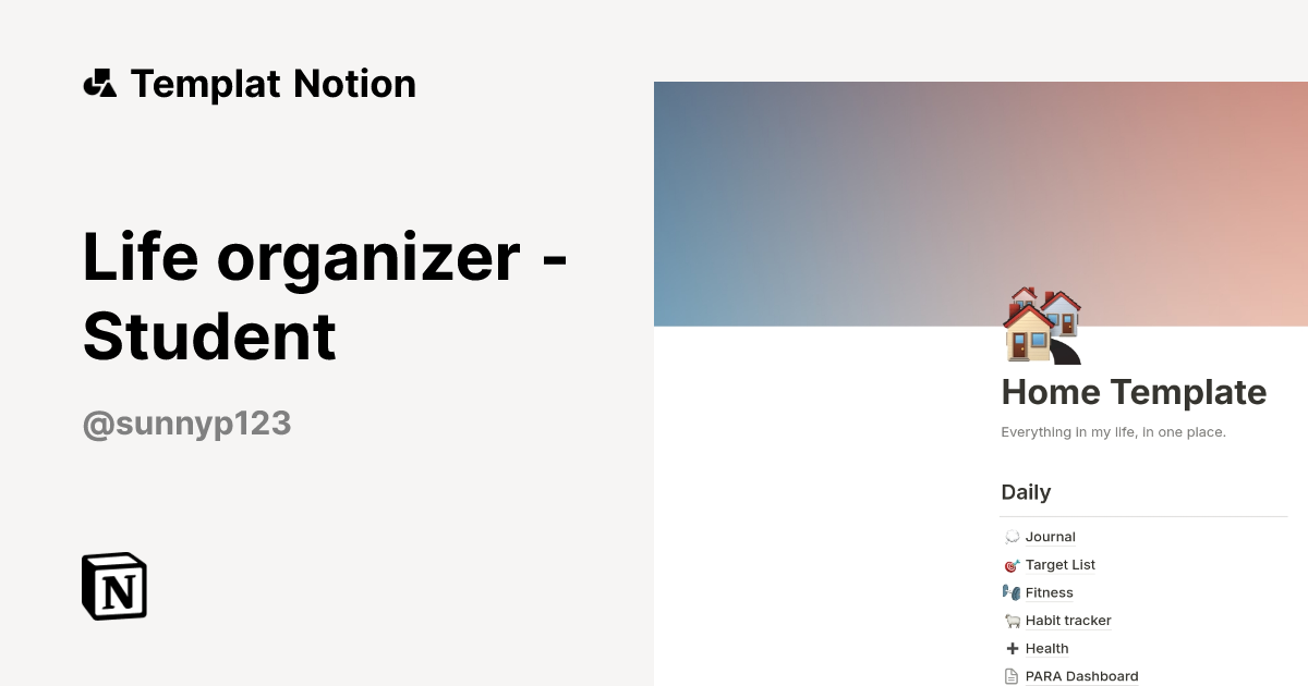 Life organizer - Student Templat oleh SunnyP | Notion Marketplace