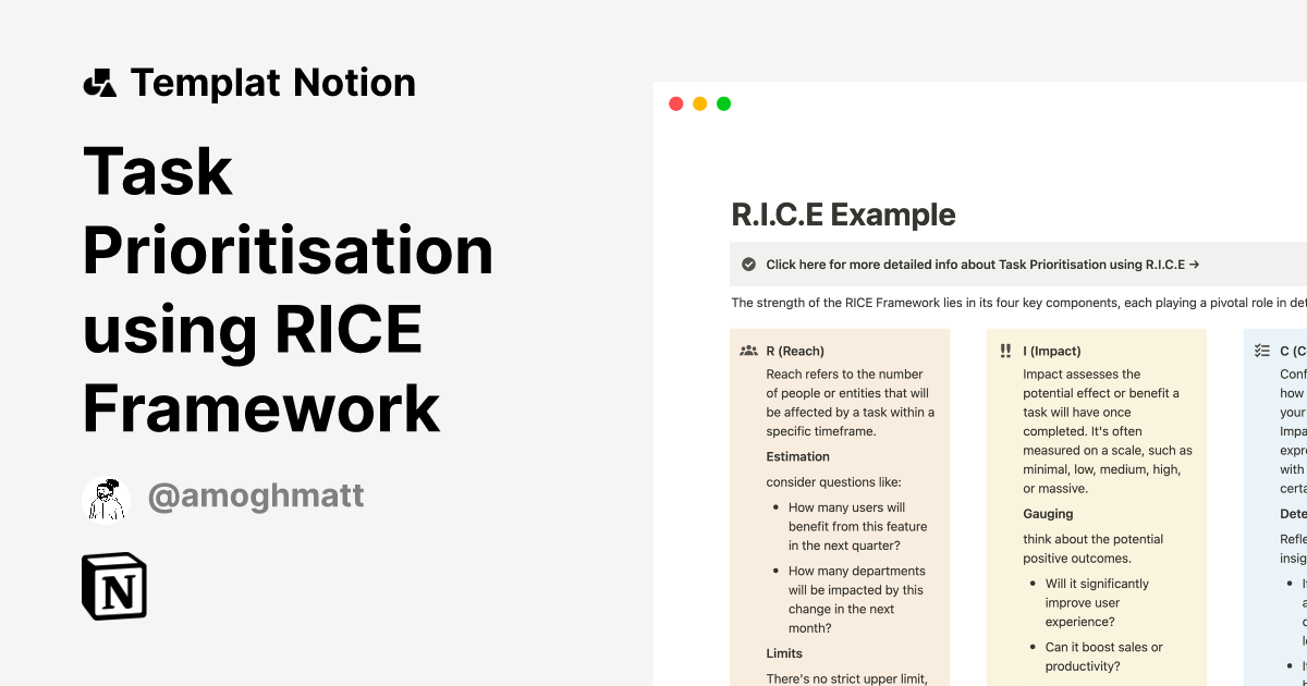 Templat Task Prioritisation using RICE Framework | Notion Marketplace
