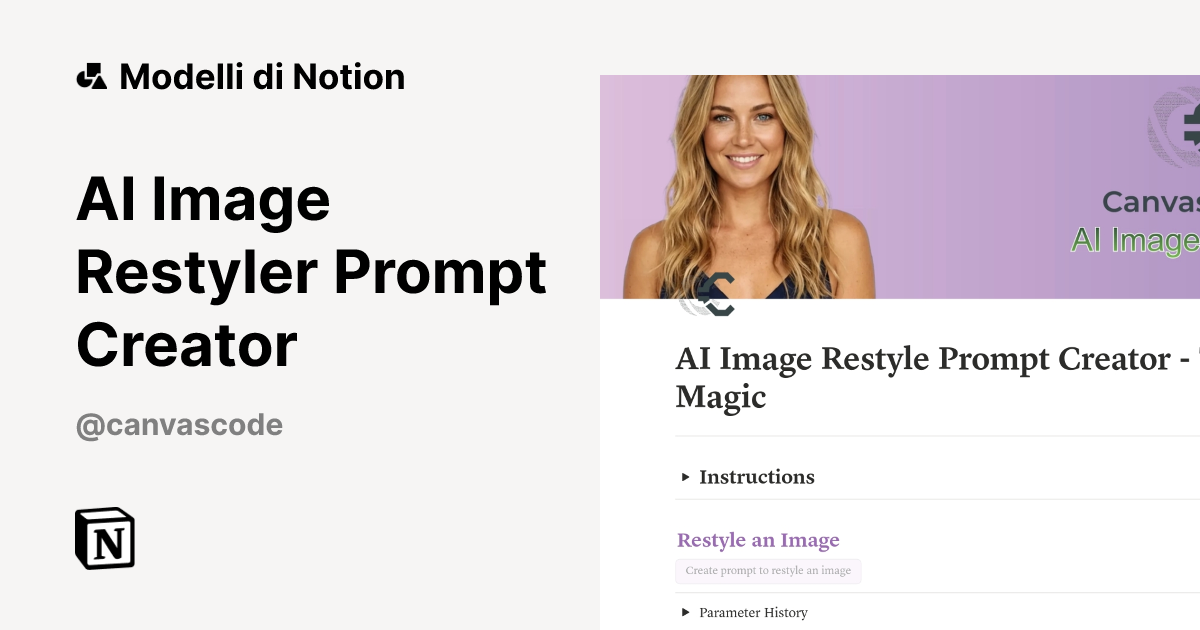 Modello AI Image Restyler Prompt Creator | Marketplace Notion