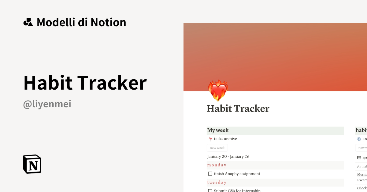 Modello Habit Tracker di Liyen Mei | Marketplace Notion