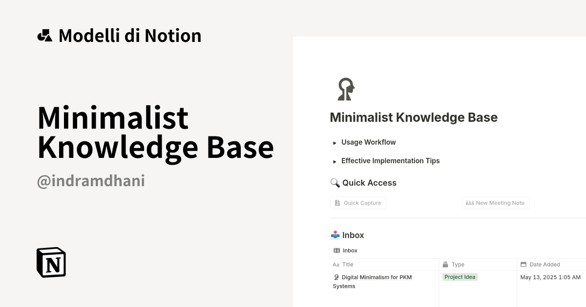 Modello Minimalist Knowledge Base di indramdhani | Marketplace Notion